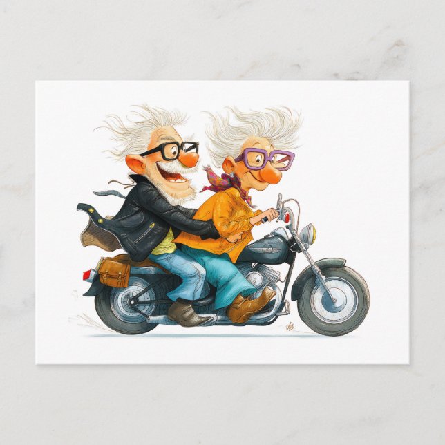 Cartes Pour Fêtes Annuelles Illustration amusante des personnes âgées en moto (Devant)
