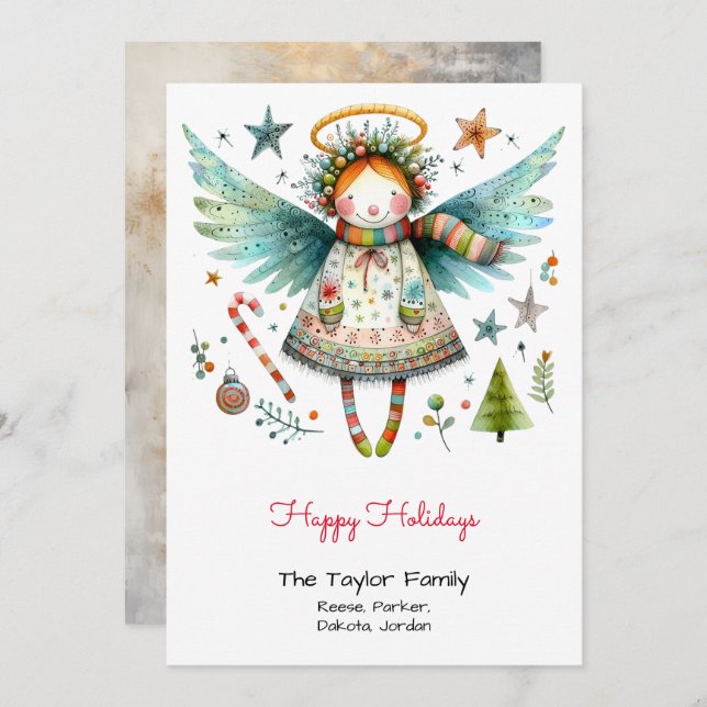 Cartes Pour Fêtes Annuelles Illustration d'ange fantaisiste Joyeuses Fêtes (Devant / Derrière)