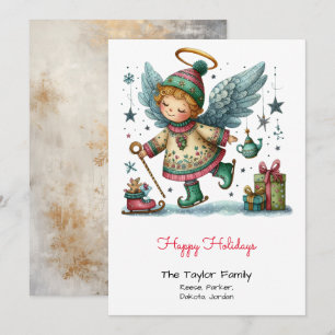 Cartes Pour Fêtes Annuelles Illustration d'ange fantaisiste sur des patins à g