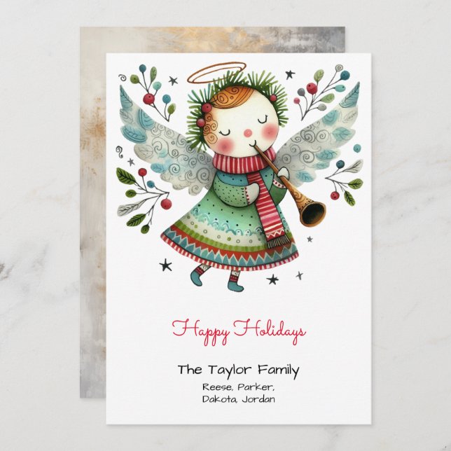 Cartes Pour Fêtes Annuelles Illustration d'ange mignon heureux (Devant / Derrière)