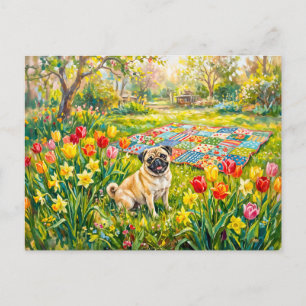 Cartes Pour Fêtes Annuelles Illustration de chien Mops de jardin printanier fa