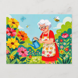 Cartes Pour Fêtes Annuelles Illustration de grand-mère arrosant le jardin