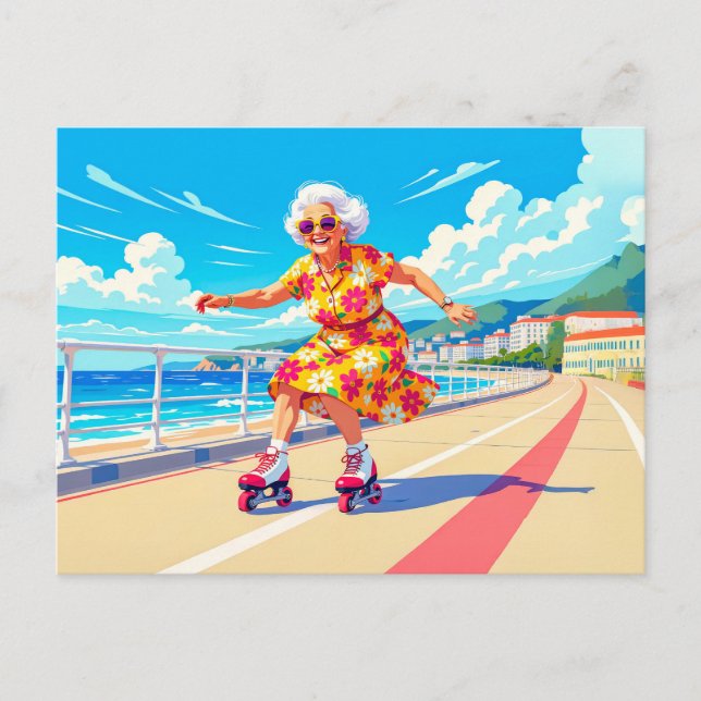 Cartes Pour Fêtes Annuelles Illustration de grand-mère en patins à roulettes (Devant)