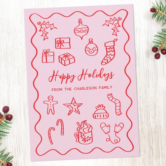 Cartes Pour Fêtes Annuelles Illustration de gribouillage moderne rose et rouge (Fun hand drawn scribble doodle Christmas holiday card in pink & red to personalize with custom text.)