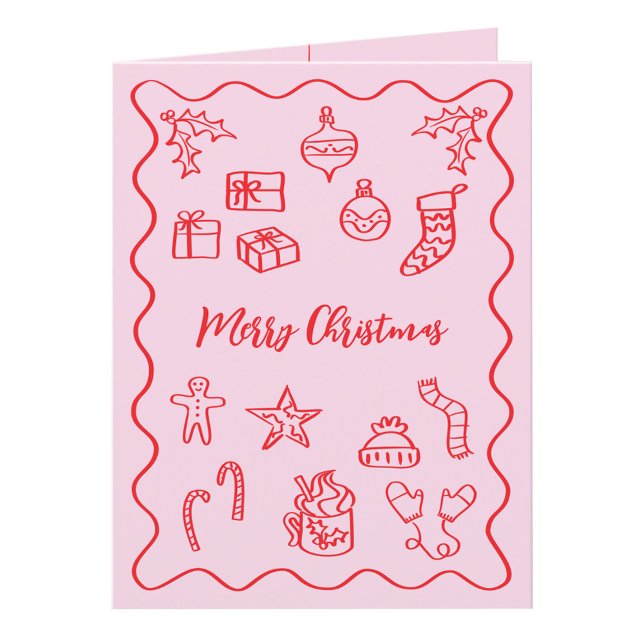 Cartes Pour Fêtes Annuelles Illustration de gribouillage moderne rose et rouge (Fun hand drawn scribble doodle pink and red personalized custom text Christmas holiday card)
