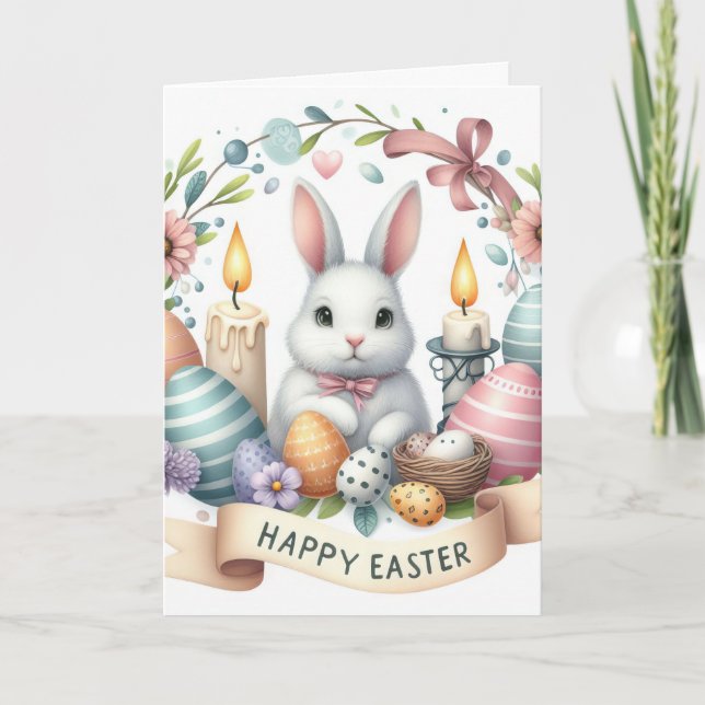 Cartes Pour Fêtes Annuelles Illustration de la chandelle de lapin mignon Pâque (Devant)