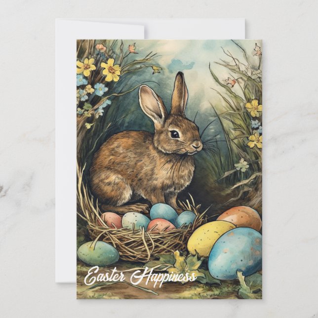 Cartes Pour Fêtes Annuelles Illustration de l'aquarelle rétro lapin de Pâques (Devant)