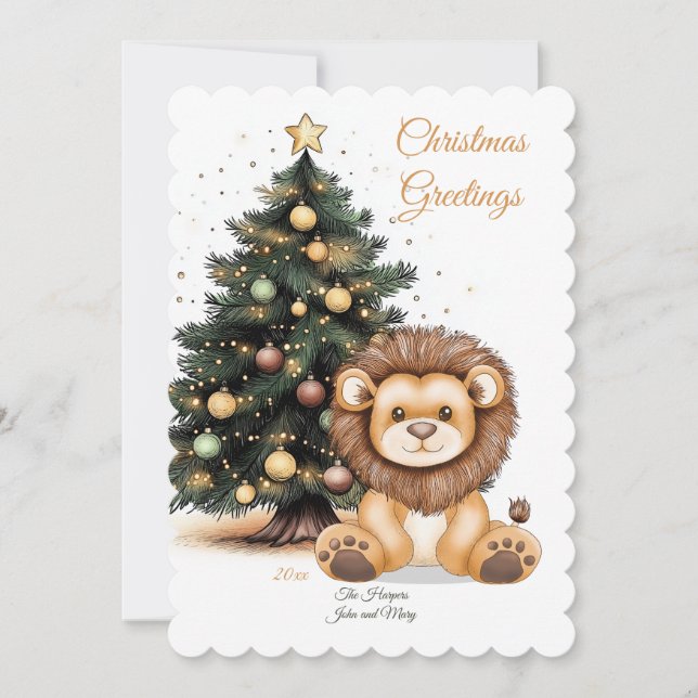 Cartes Pour Fêtes Annuelles Illustration de lion mignon avec arbre de fête (Devant)