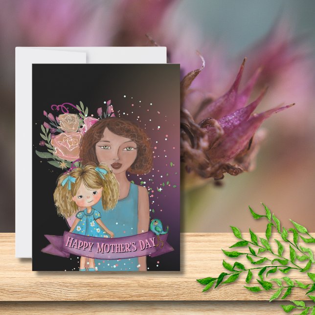 Cartes Pour Fêtes Annuelles Illustration de maman et fille avec fleurs (Mom and Daughter Illustration with Flowers Holiday Card)