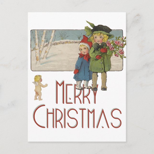 Cartes Pour Fêtes Annuelles Illustration de Noël Antique Enfants 1920 (Devant)