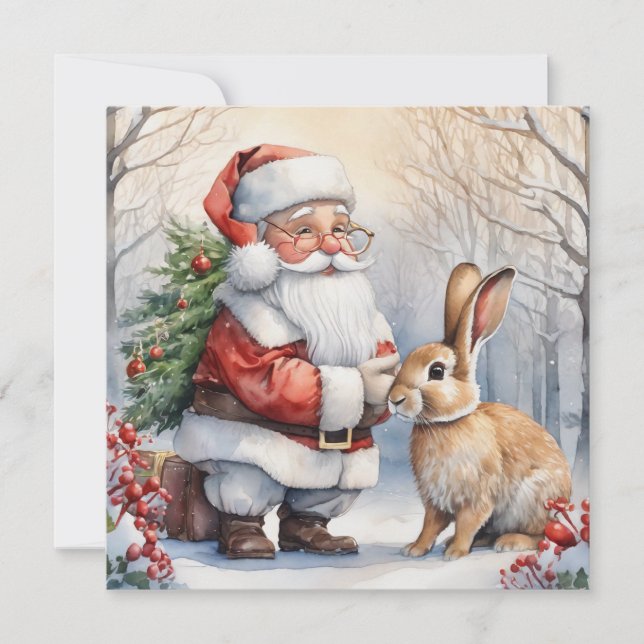 Cartes Pour Fêtes Annuelles Illustration de Noël Père Noël et Bunny Nature (Devant)