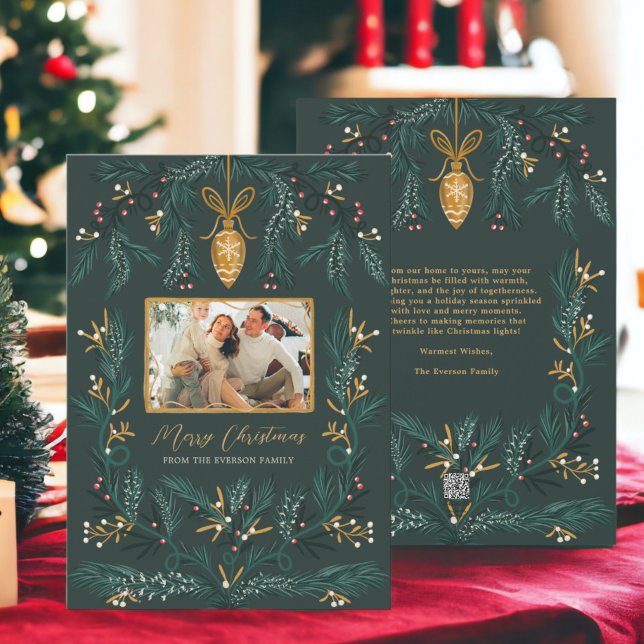 Cartes Pour Fêtes Annuelles Illustration de pin vert or Photo Joyeux Noël (Green pine illustration gold Photo Merry Christmas Holiday Card)