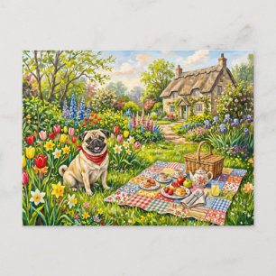 Cartes Pour Fêtes Annuelles Illustration de Pug de pique-nique dans un jardin 