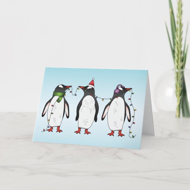 Cartes Pour Fêtes Annuelles Illustration de trois pingouins de Noël festifs (Devant)