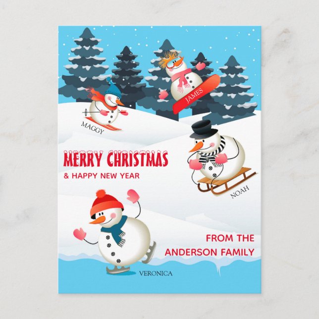 Cartes Pour Fêtes Annuelles Illustration de Wintersport Snowmen joyeux Noël (Devant)
