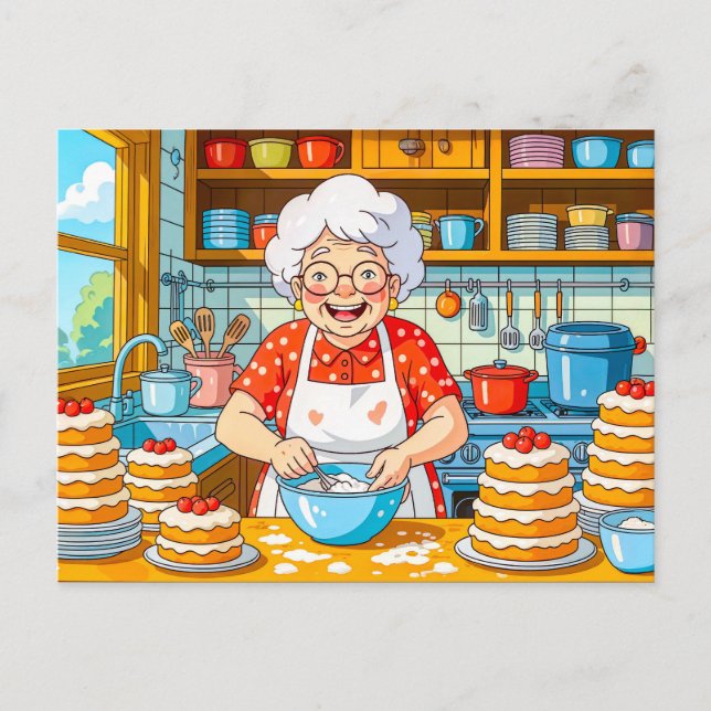 Cartes Pour Fêtes Annuelles Illustration d'une grand-mère cuisinant des crêpes (Devant)