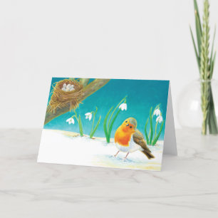 Cartes Pour Fêtes Annuelles Illustration Red Robin Bird & Spring Snowdrops