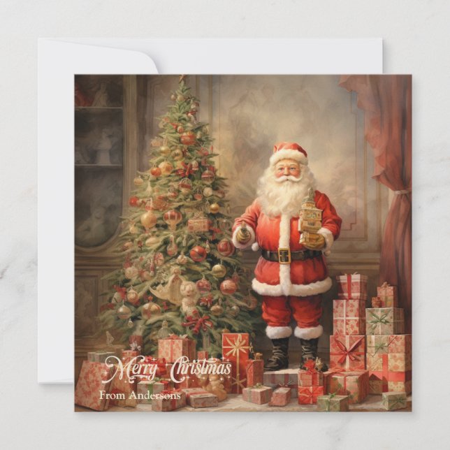 Cartes Pour Fêtes Annuelles Illustration rétro Santa Claus avec arbre de Noël (Devant)