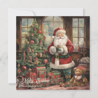 Cartes Pour Fêtes Annuelles Illustration rétro Santa Claus et sapin de Noël