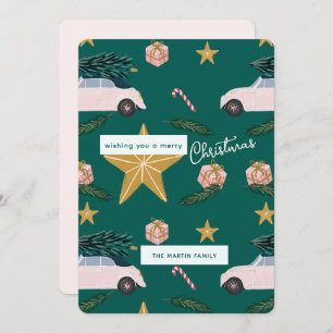 Cartes Pour Fêtes Annuelles Illustration Turquoise rose de Noël Arbre voitures