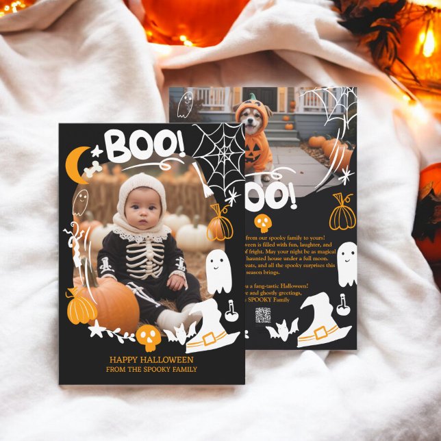 Cartes Pour Fêtes Annuelles Illustrations d'Halloween éffrayant mignon Boo 2 p (Spooky Halloween illustrations cute Boo 2 photos Holiday Card)