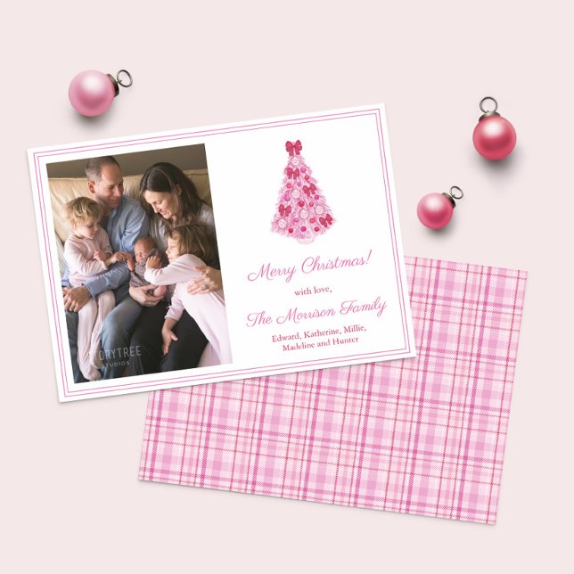 Cartes Pour Fêtes Annuelles Image Colorée D'Arbre De Noël Rose Et Rouge (Vibrant pink and red Christmas Tree photo Holidays cards with matching tartan plaid backer)