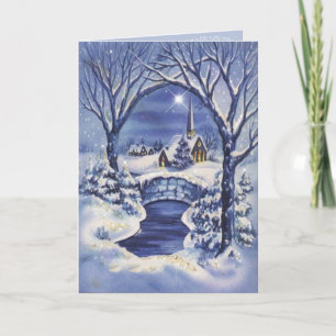 Cartes Pour Fêtes Annuelles Image de Noël vintage Église Bleu Blanc