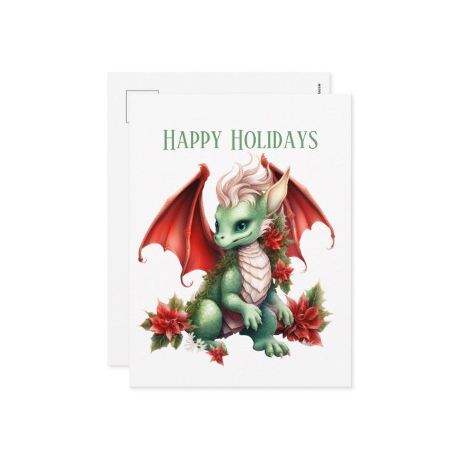 Cartes Pour Fêtes Annuelles Imaginaire de dragon d'aquarelle de Noël festif (Devant/Arrière en situation)