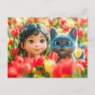 Cartes Pour Fêtes Annuelles Imaginaire de printemps Fille et chat dans les tul