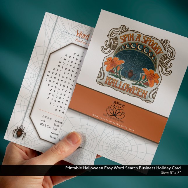 Cartes Pour Fêtes Annuelles Imprimable Halloween Recherche en mots simples (Printable Halloween Business Freebie Giveaway Holiday Card with Logo and Website–Easy Word Search )