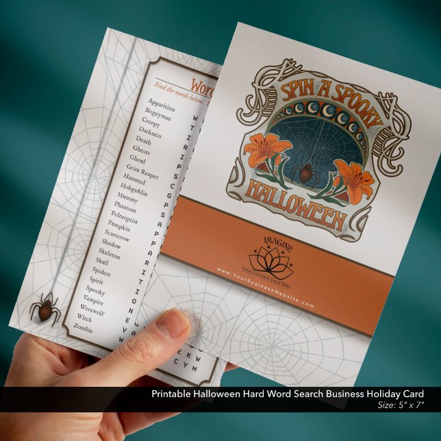Cartes Pour Fêtes Annuelles Imprimable Halloween Word dur Recherche d'entrepri (Halloween Business Freebie Giveaway Holiday Card with Logo and Website–Difficult Word Search )