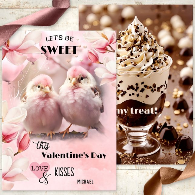 Cartes Pour Fêtes Annuelles Inséparables roses doux chocolat Saint Valentin (A super sweet cute chocolate Valentine's Day card featuring two pink love birds and magnolia flowers)