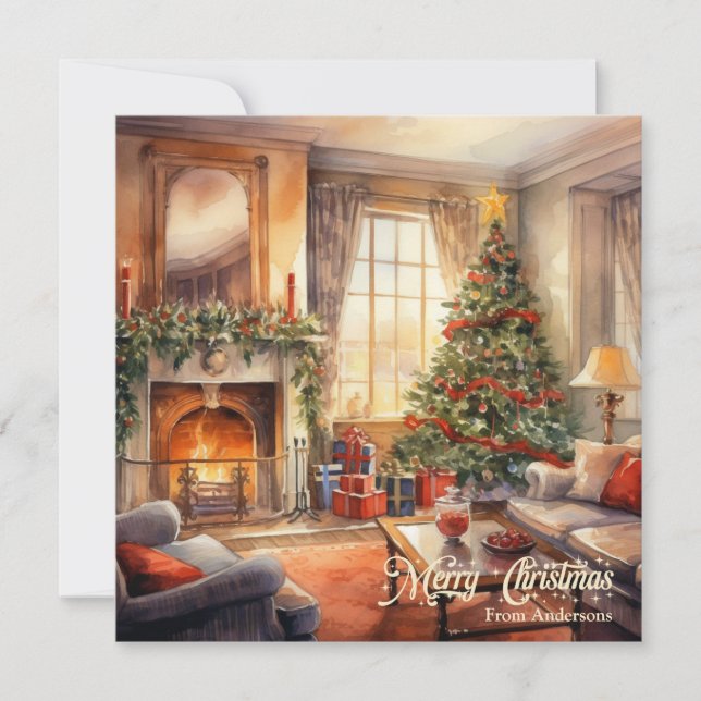 Cartes Pour Fêtes Annuelles Intérieur de Noël cosy avec cheminée et arbre (Devant)
