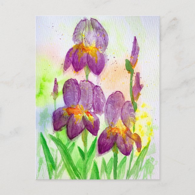 Cartes Pour Fêtes Annuelles Irises violettes bleues dans la peinture aquarelle (Devant)