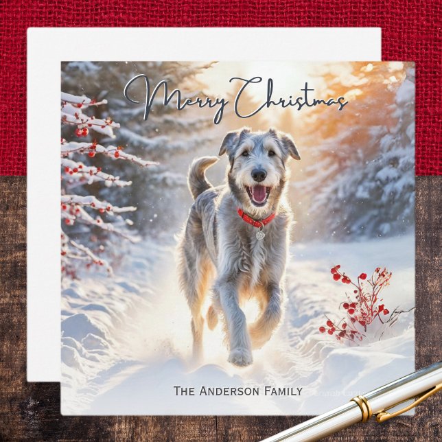 Cartes Pour Fêtes Annuelles Irlandais Wolfhound Chien Marcher Neige Joyeux Noë (A personalized Christmas card with picture of an Irish Wolfhound out for a winter walk in the snow)