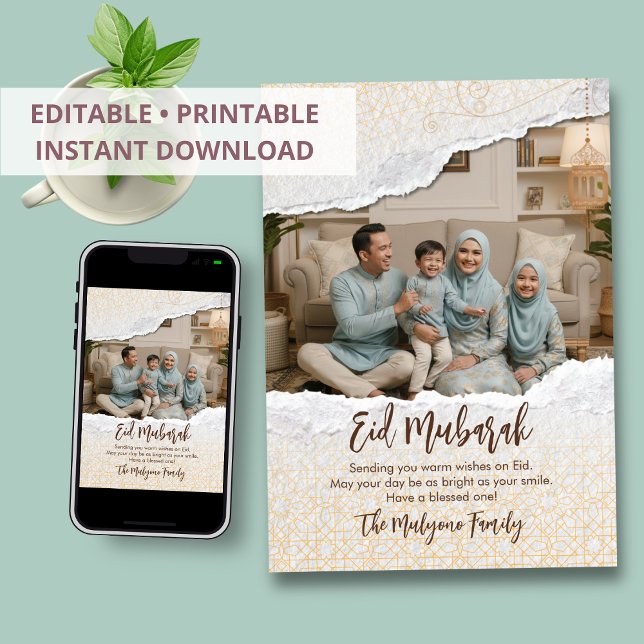 Cartes Pour Fêtes Annuelles Islamic Geometric Torn Paper & Photo Eid Mubarak (Créateur téléchargé)