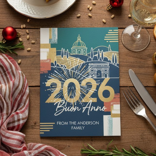 Cartes Pour Fêtes Annuelles Italian Landscape Buon Anno 2026 Navy Gold (Créateur téléchargé)