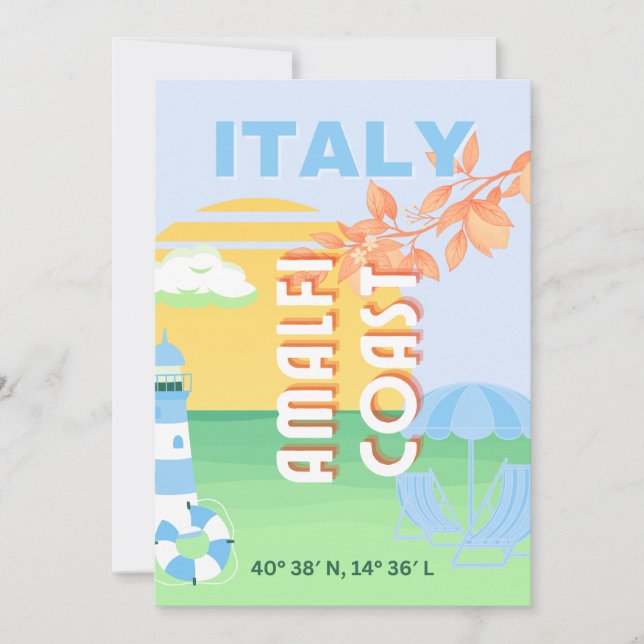Cartes Pour Fêtes Annuelles Italie Travel Art, Côte d'Amalfi, Preppy, Bleu (Devant)