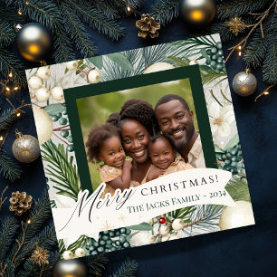 Cartes Pour Fêtes Annuelles Ivoire élégant classique et photo de famille bleue