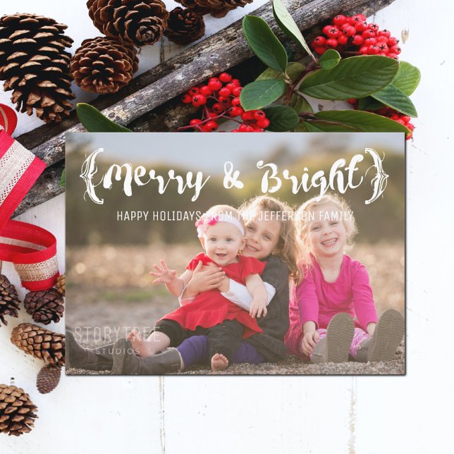 Cartes Pour Fêtes Annuelles Ivory Elegant Sketted Merry & Bright Photo (Ivory Elegant Sketched Merry and Bright Holiday Photo Card)