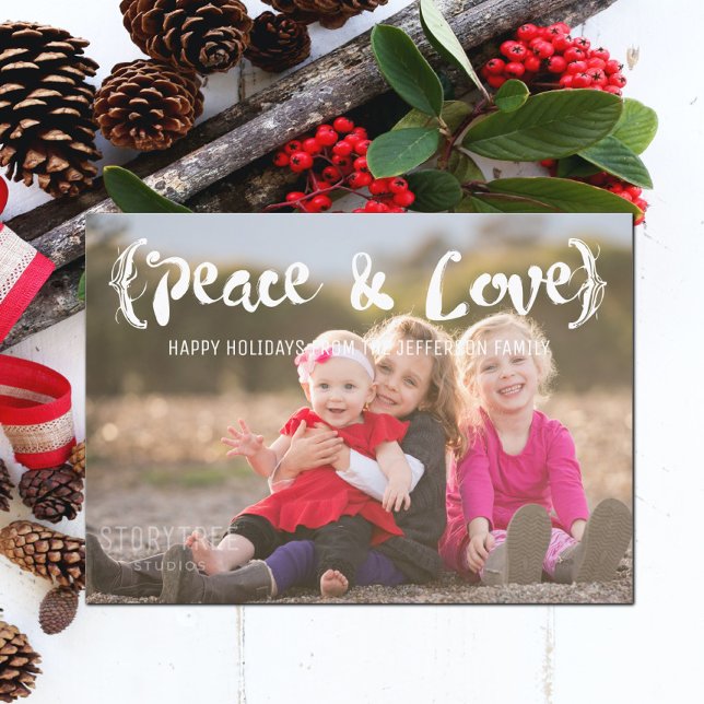 Cartes Pour Fêtes Annuelles Ivory Elegant Sketted Peace & Love Holiday Photo (Ivory Elegant Sketched Peace and Love Holiday Photo Card)