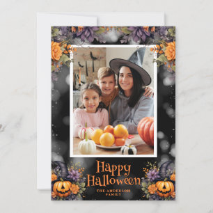 Cartes Pour Fêtes Annuelles Jack-O'-Lantern Floral Photo Happy Halloween Card