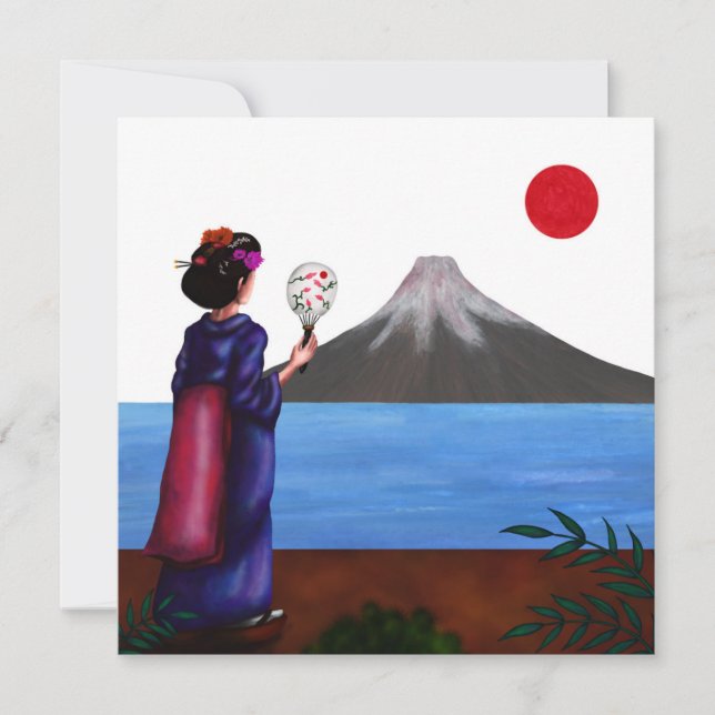 Cartes Pour Fêtes Annuelles Japonaise Geisha Girl, le soleil et Fuji Mountain (Devant)