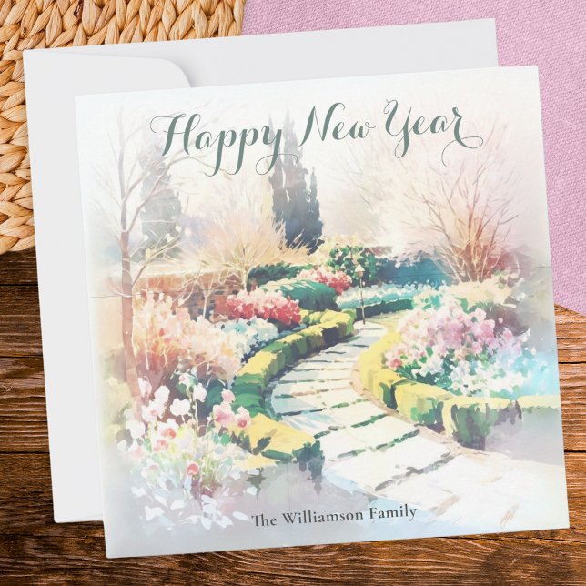 Cartes Pour Fêtes Annuelles Jardin botanique élégant et chic d'hiver Élégant e (A personalized greeting card with 'Happy New Year' words and misty winter garden illustration)