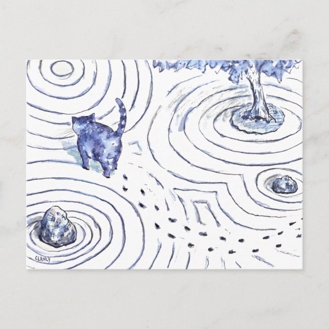 Cartes Pour Fêtes Annuelles Jardin Zen Cat Bleu (Devant)