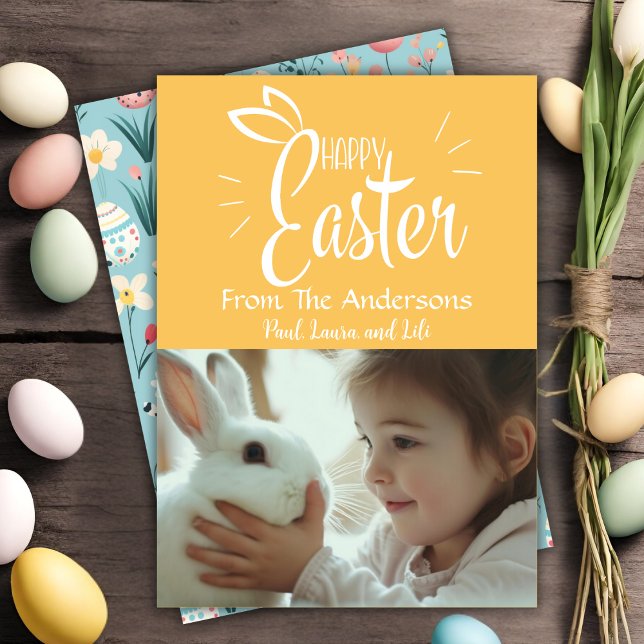 Cartes Pour Fêtes Annuelles Jaune Joyeux Pâques Photo personnalisée (Yellow Happy Easter Custom Photo Holiday Card)