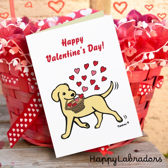 Cartes Pour Fêtes Annuelles Jaune Labrador portant des coeurs Valentine (Yellow Labrador Carrying Hearts Valentine Card for Labrador Owners.  Cute Cartoon Design.)