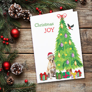 Cartes Pour Fêtes Annuelles Jaune Labrador Retriever, Bird and Christmas Tree