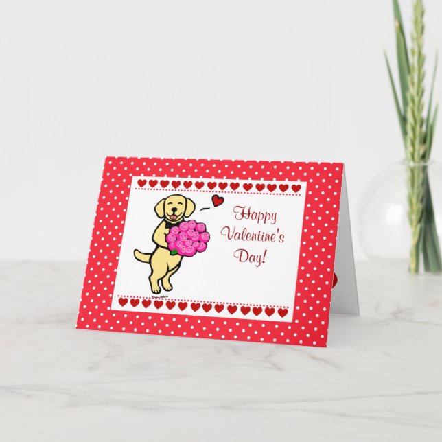 Cartes Pour Fêtes Annuelles Jaune Labrador & Rose Valentine (Devant)