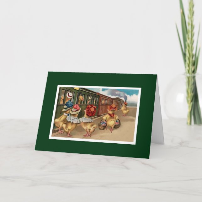 Cartes Pour Fêtes Annuelles Jaunes poussins dans le train - Art anthropomorphe (Devant)